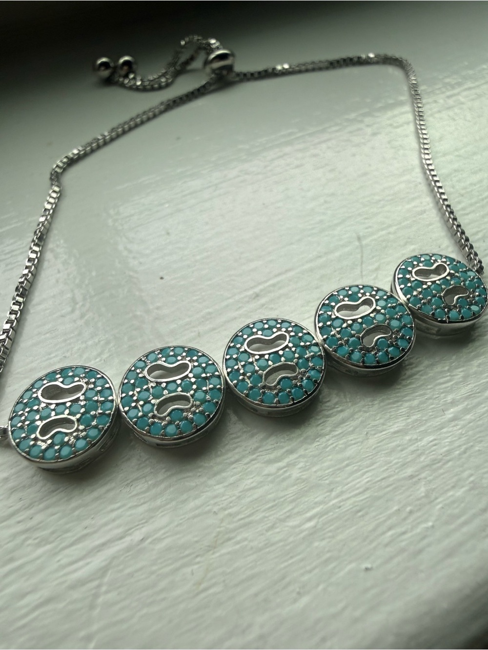 NEW! 14k White Gold Plated with Turquoise Crystal Disc Bracelet - Women Jewelry - Picture 2 of 6